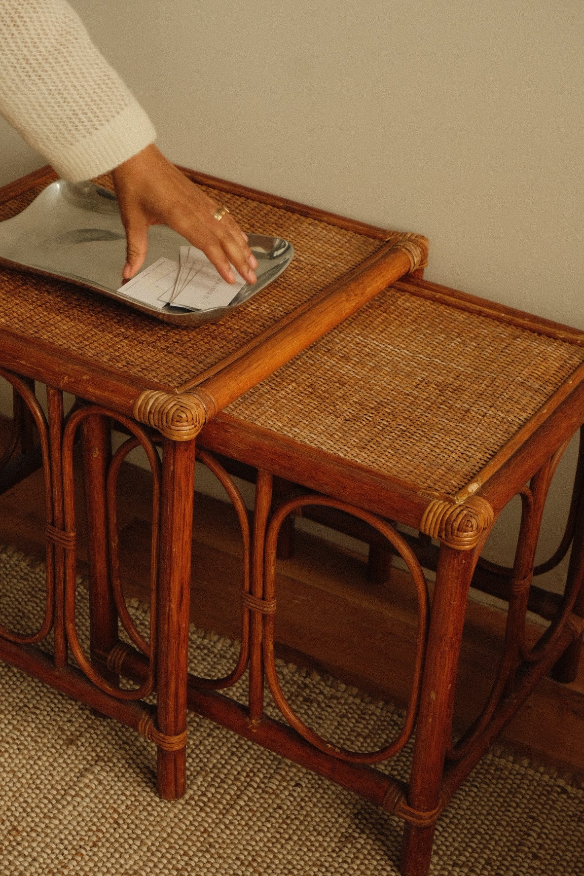 rattan side tables, pair