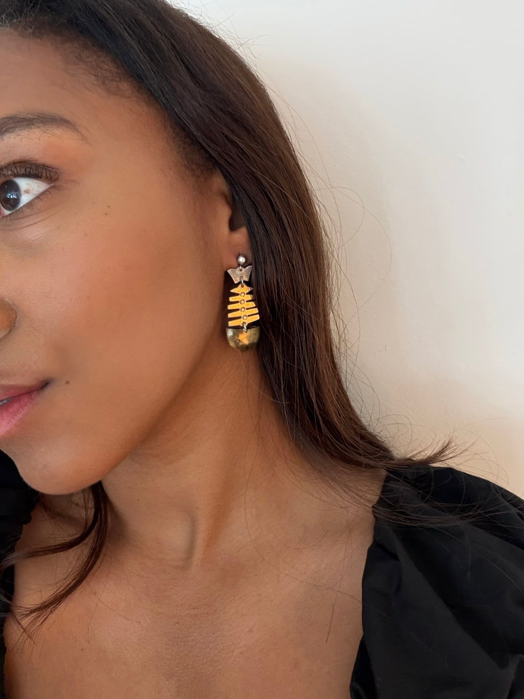 vintage laton sterling silver & brass fish skeleton earrings