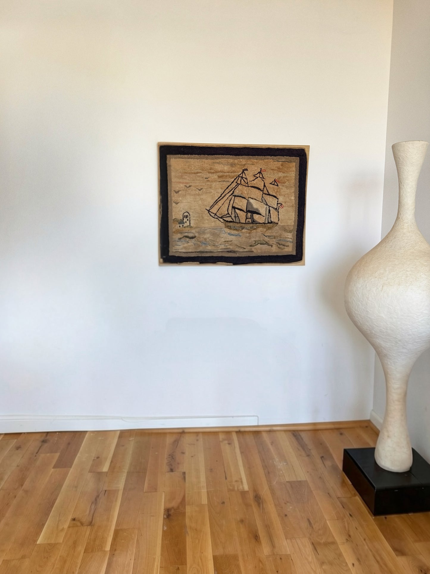 large vintage wool textile art with sailing ship