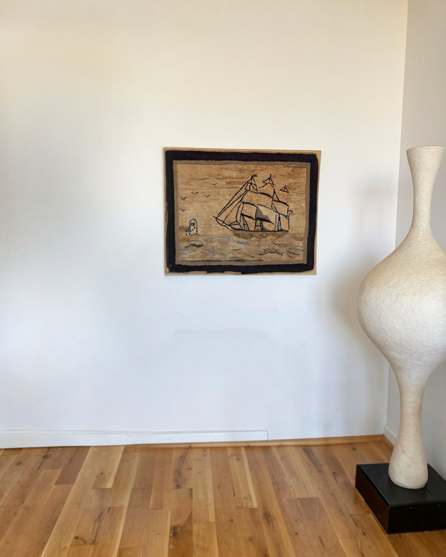 rent: large vintage wool textile art with sailing ship
