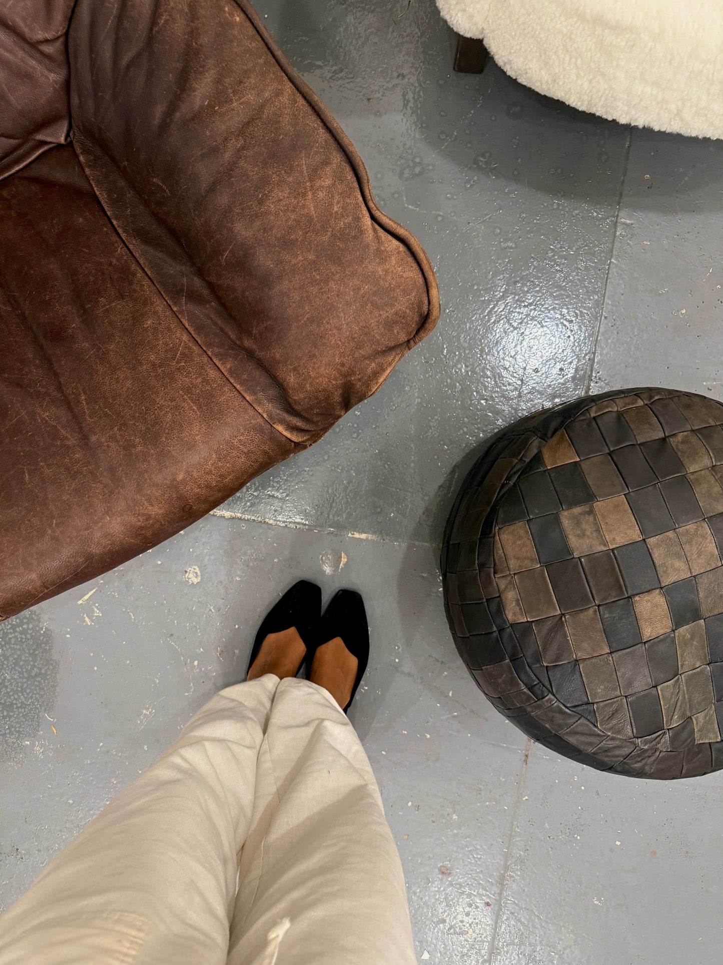 scandinavian woven leather pouf
