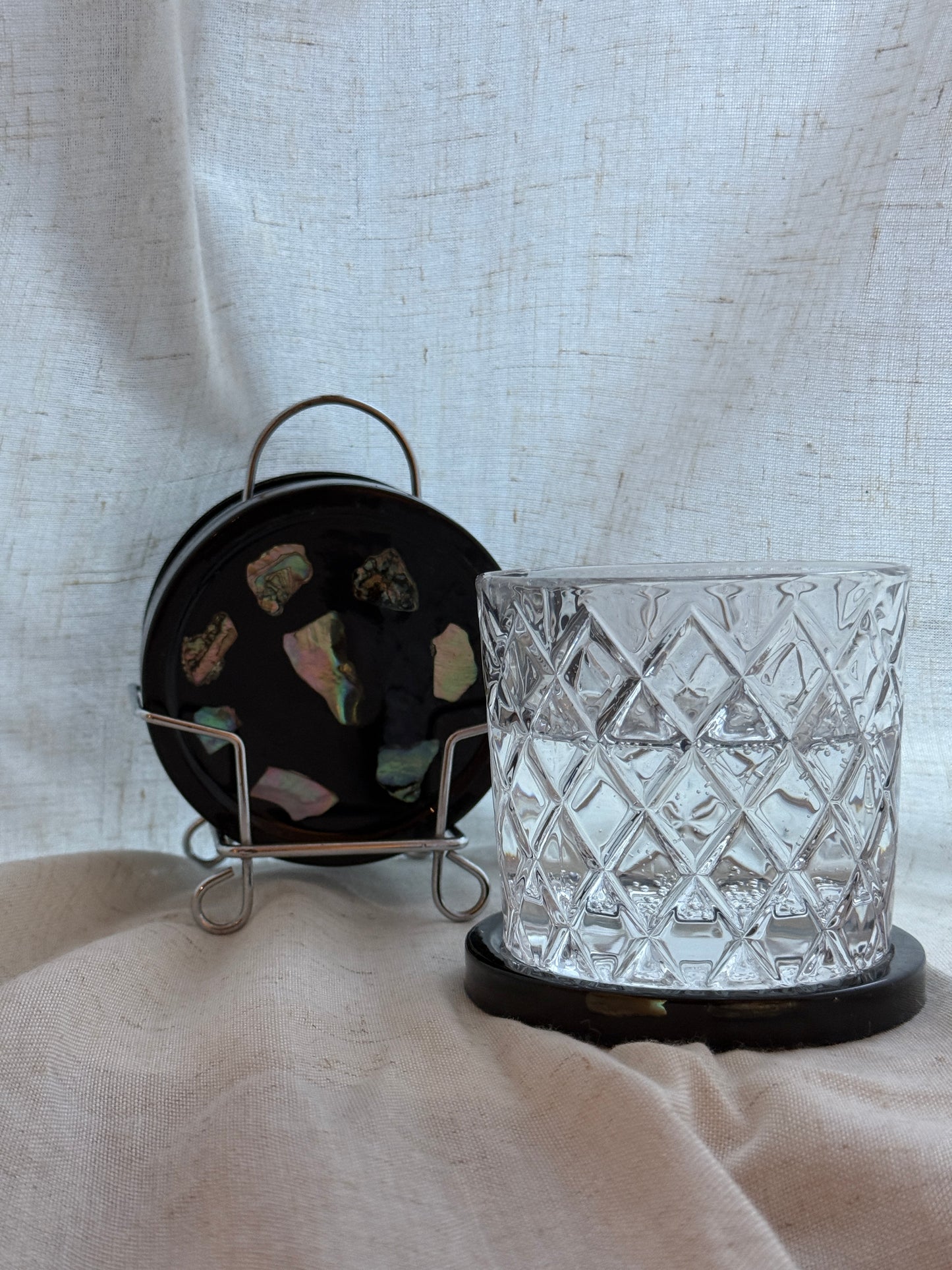 lucite & abalone coaster set with holder – set of six