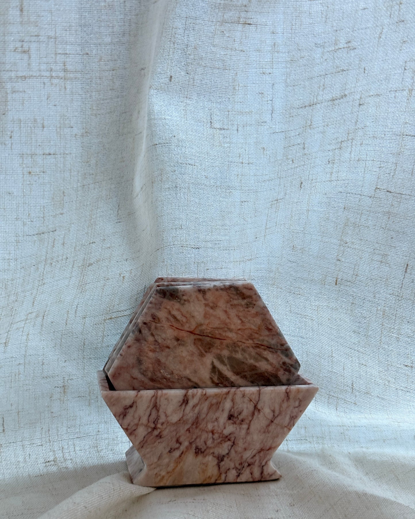 pink marble hexagon coaster set with holder