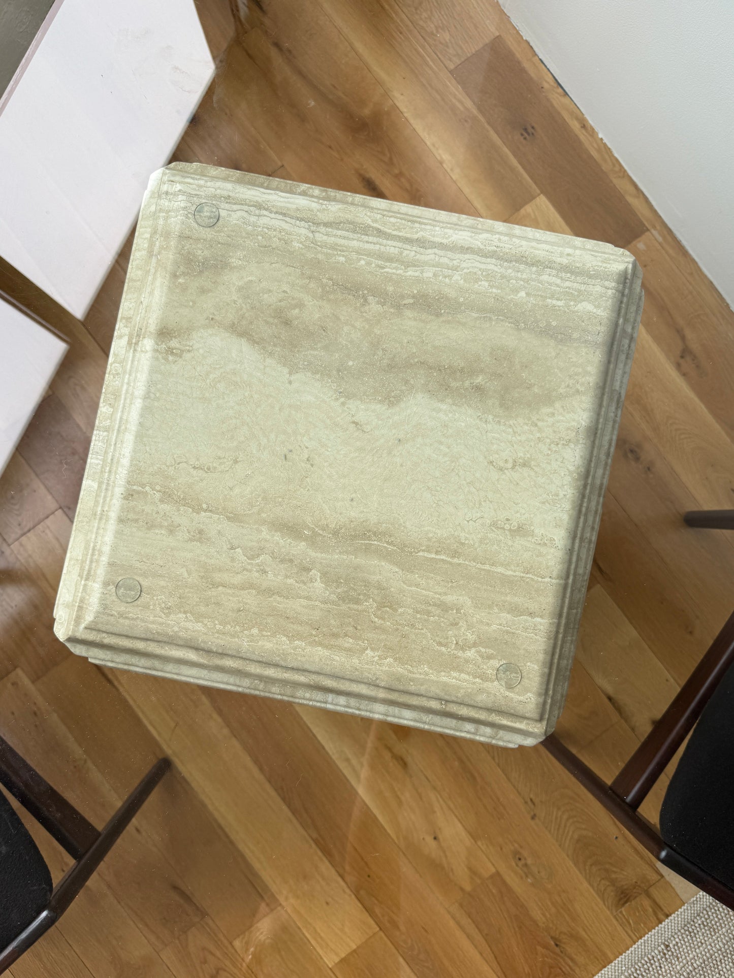 travertine pedestal dining table with glass top, 1970s