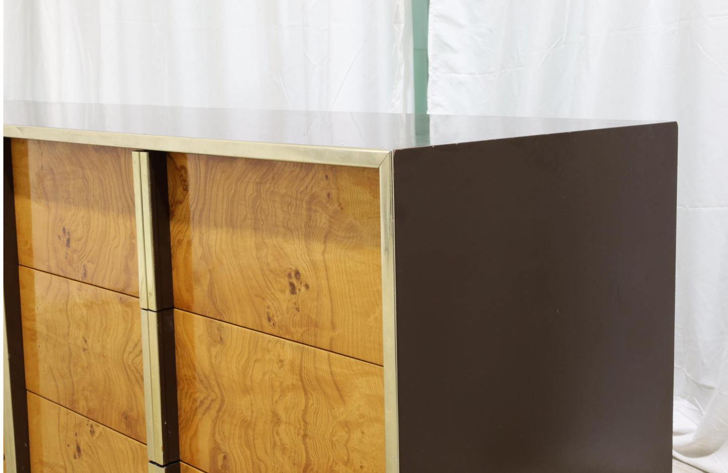 milo baughman style lacquer & burl credenza