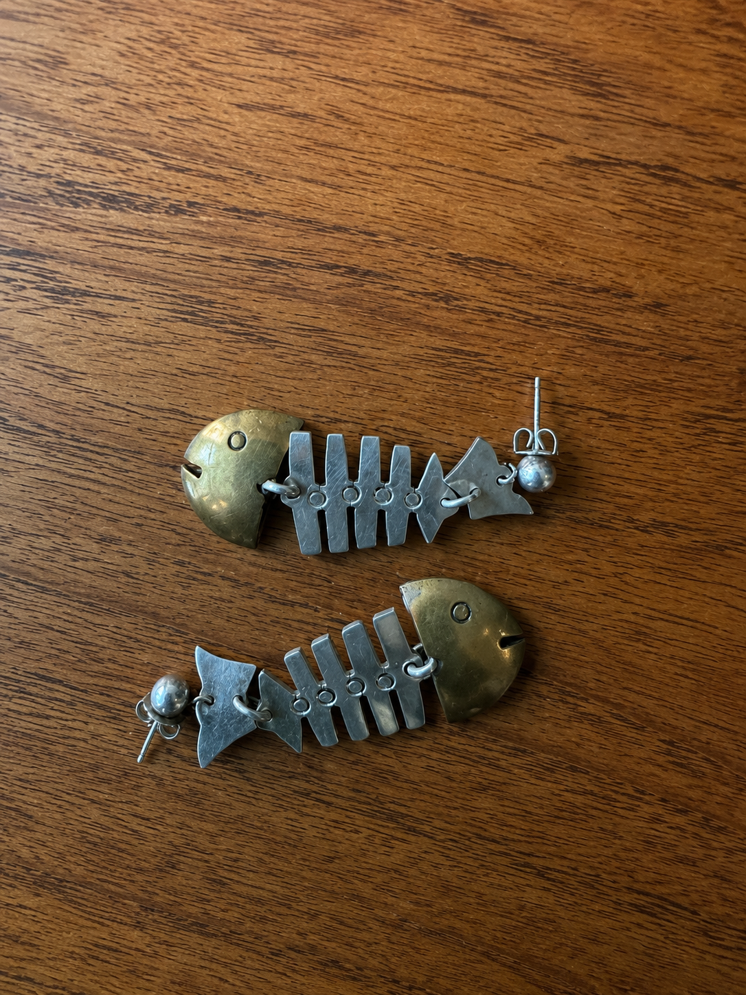vintage laton sterling silver & brass fish skeleton earrings