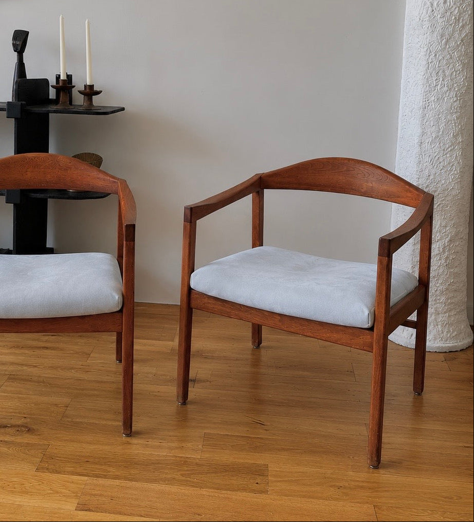 ray zimmerman for dux teak lounge chairs in custom powder blue goatskin, pair