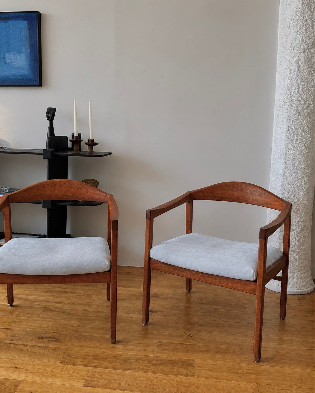 ray zimmerman for dux teak lounge chairs in custom powder blue goatskin, pair