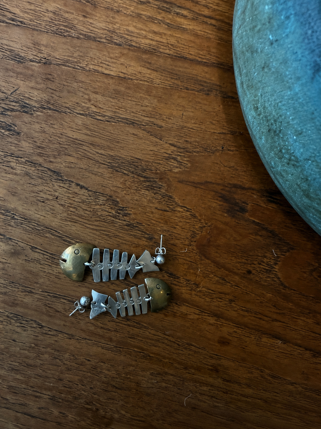 vintage laton sterling silver & brass fish skeleton earrings