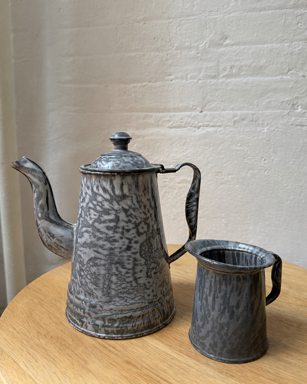 vintage graniteware coffee pot + creamer set