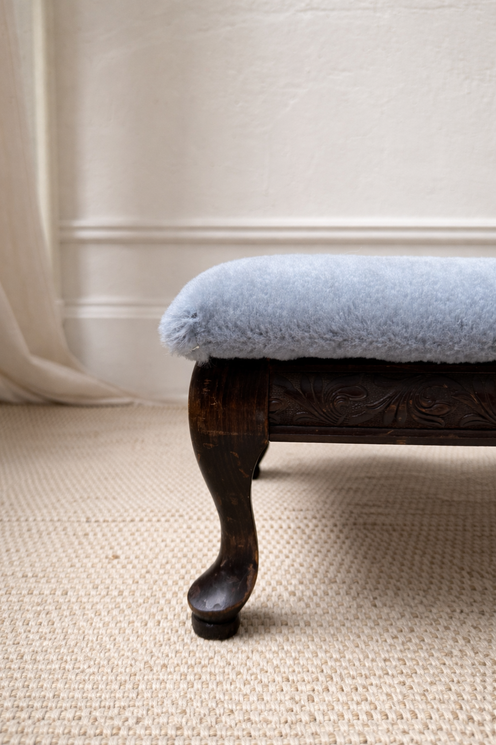 antique queen anne footstool with custom blue mohair upholstery