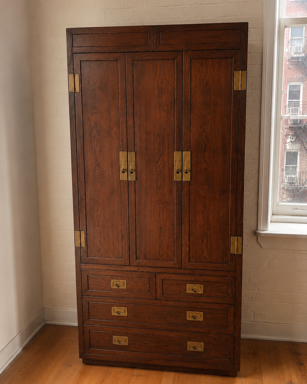 henredon campaign-style oak armoire