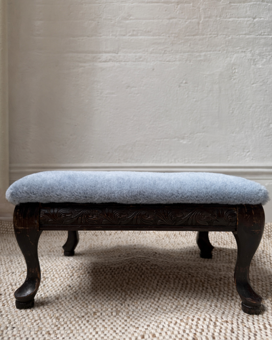 antique queen anne footstool with custom blue mohair upholstery