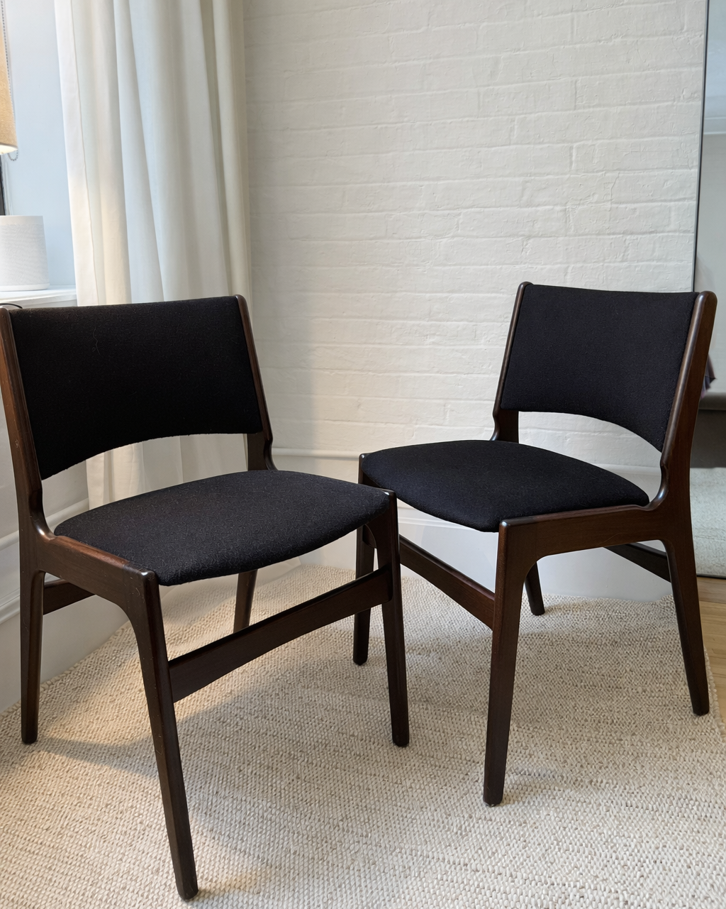 erik buch rosewood dining chairs in custom chocolate wool, pair