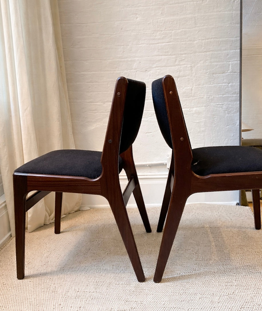 erik buch rosewood dining chairs in custom chocolate wool, pair