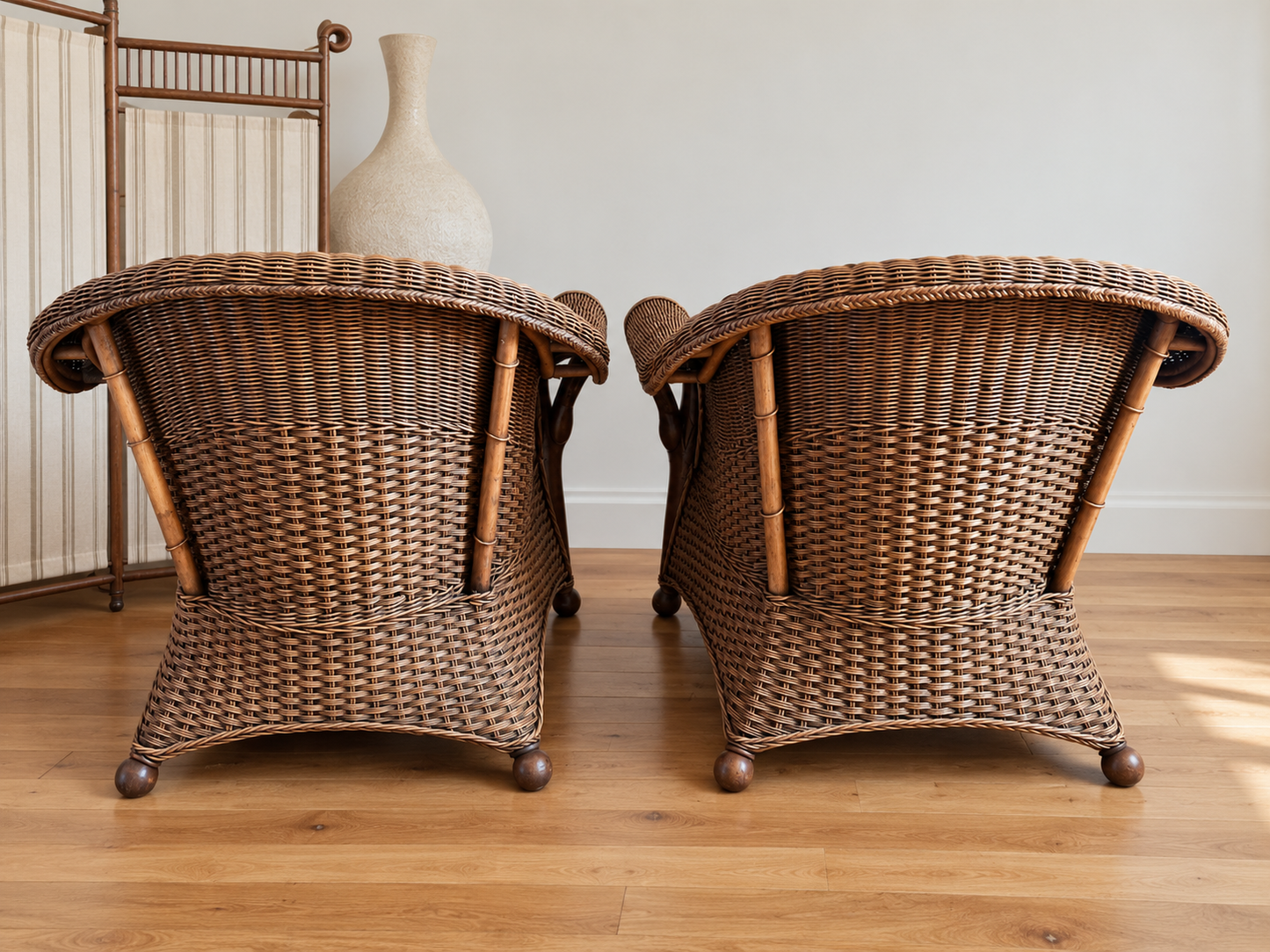 vintage woven rattan swan neck lounge chairs