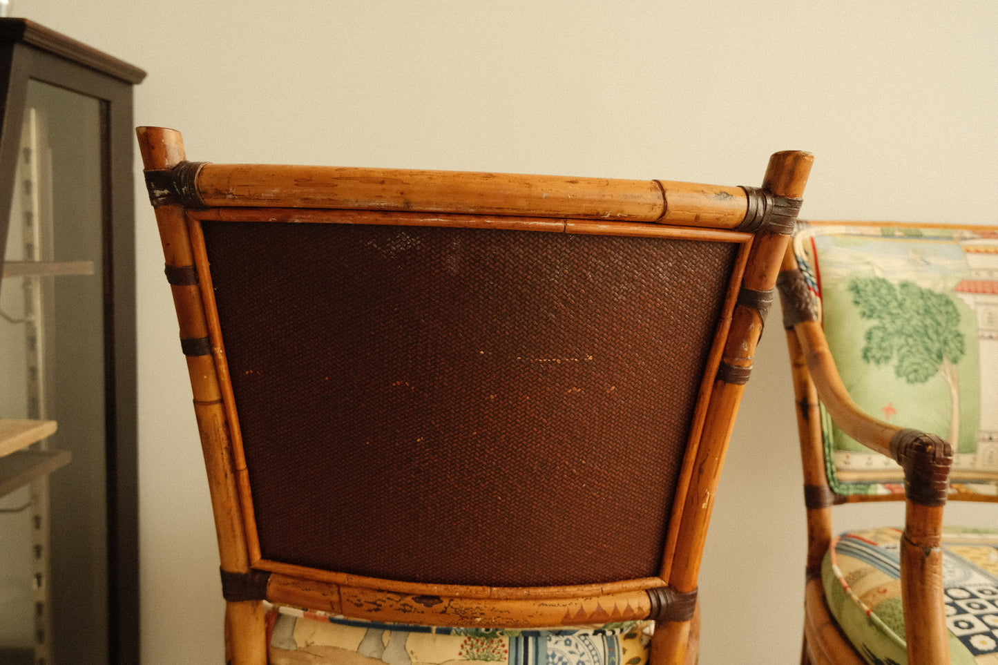 vintage rattan high chairs with folk-print upholstery, pair