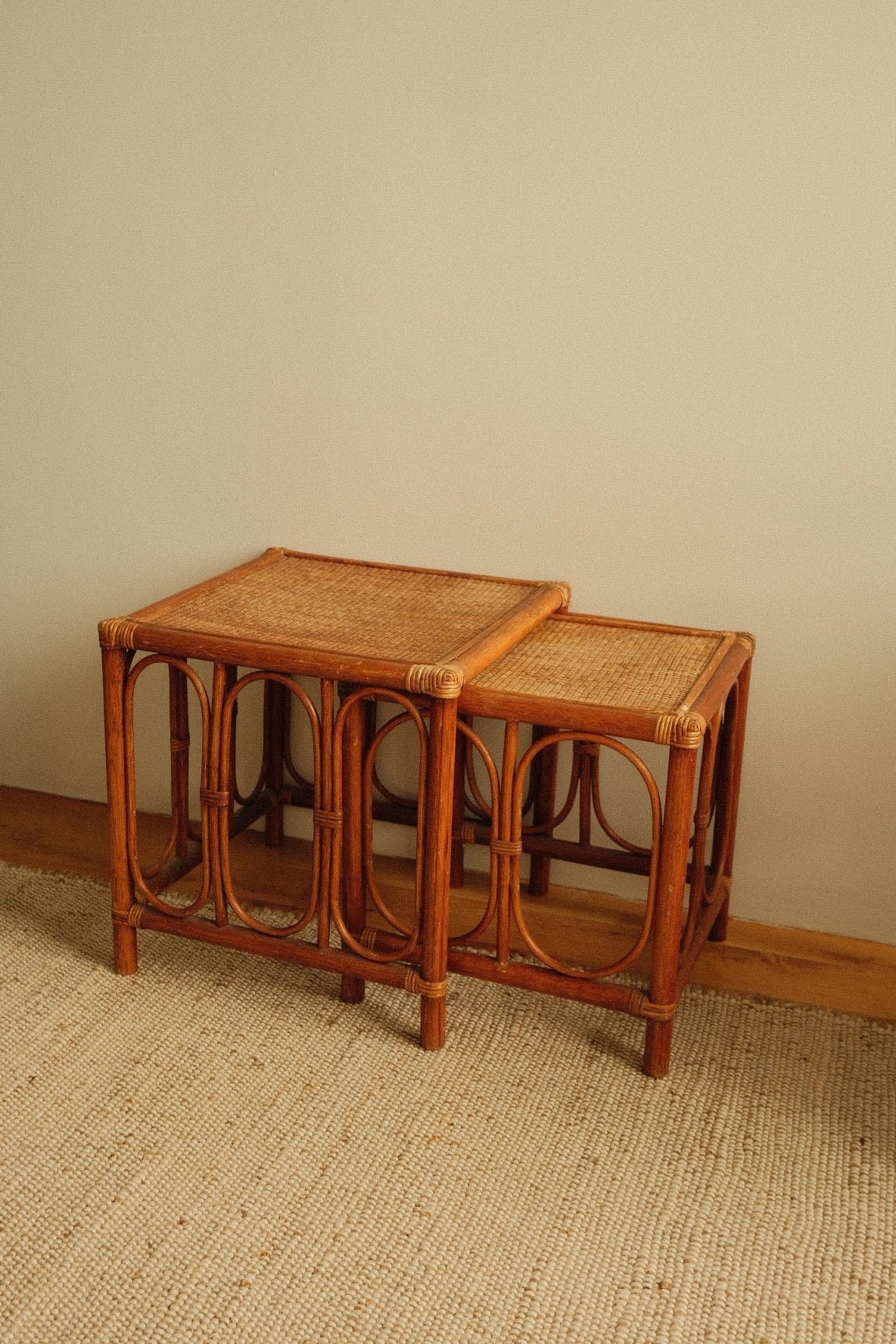 rattan side tables, pair