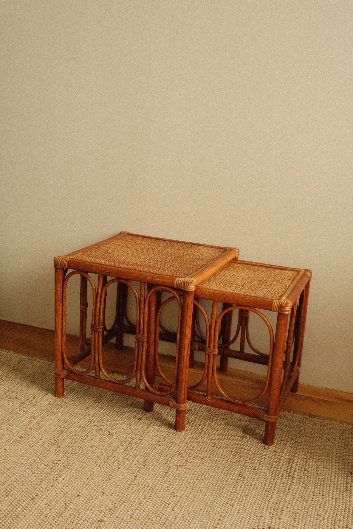 rattan side tables, pair