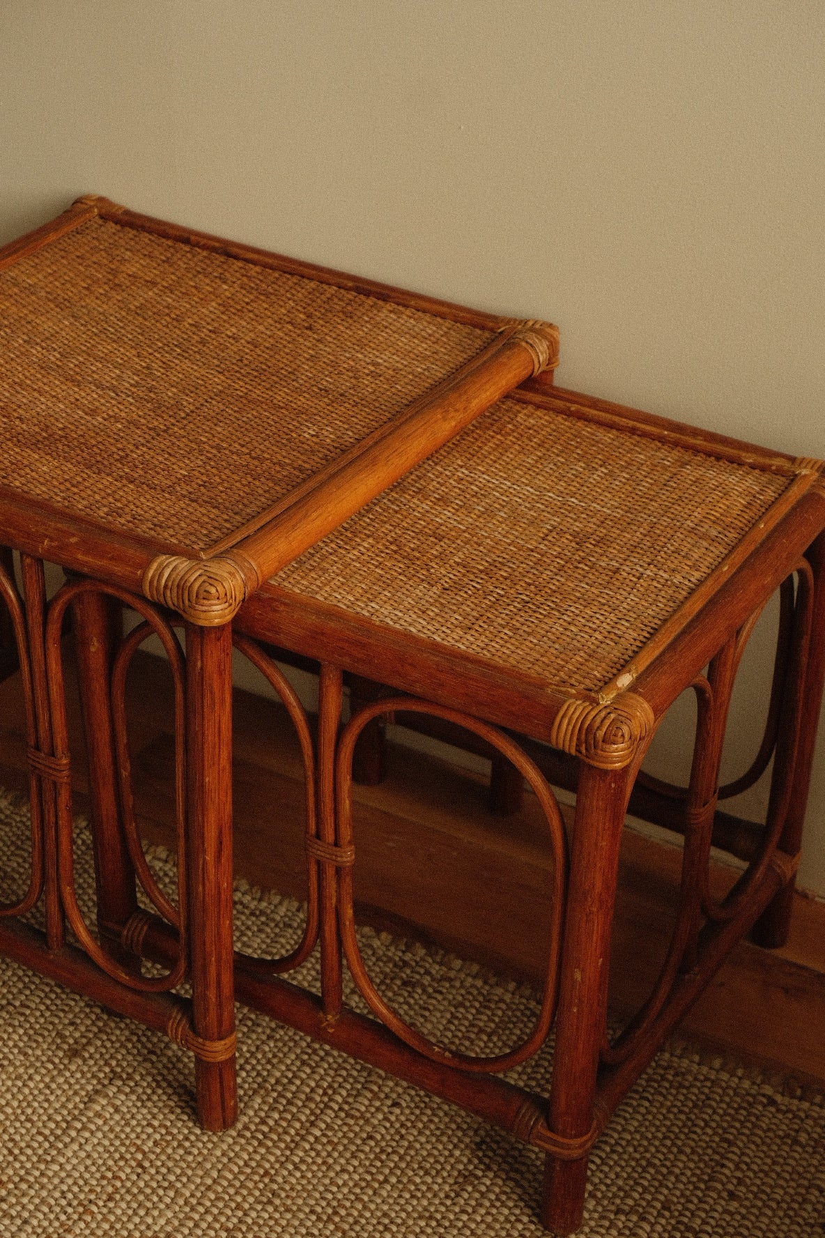 rattan side tables, pair