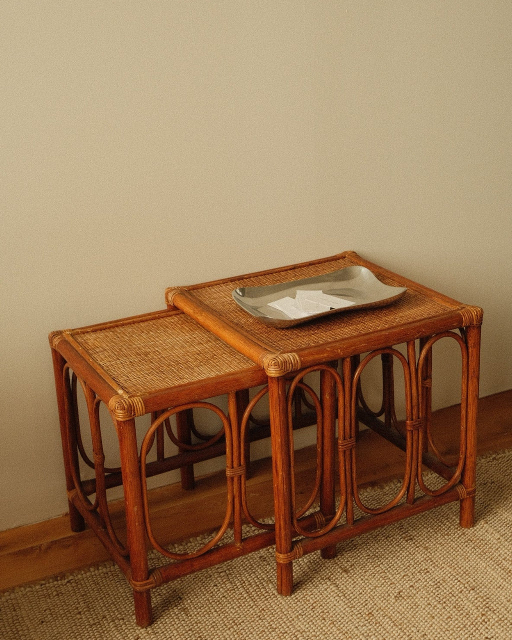rattan side tables, pair