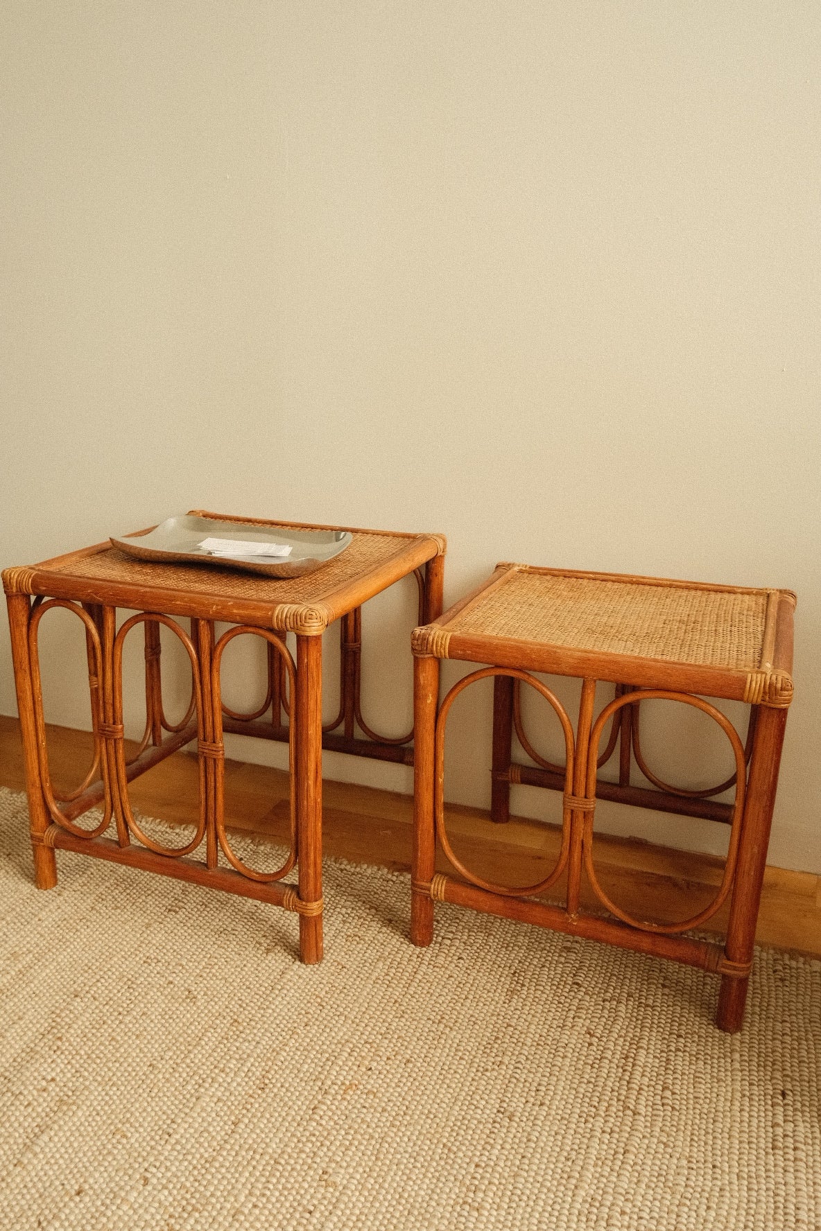 rattan side tables, pair