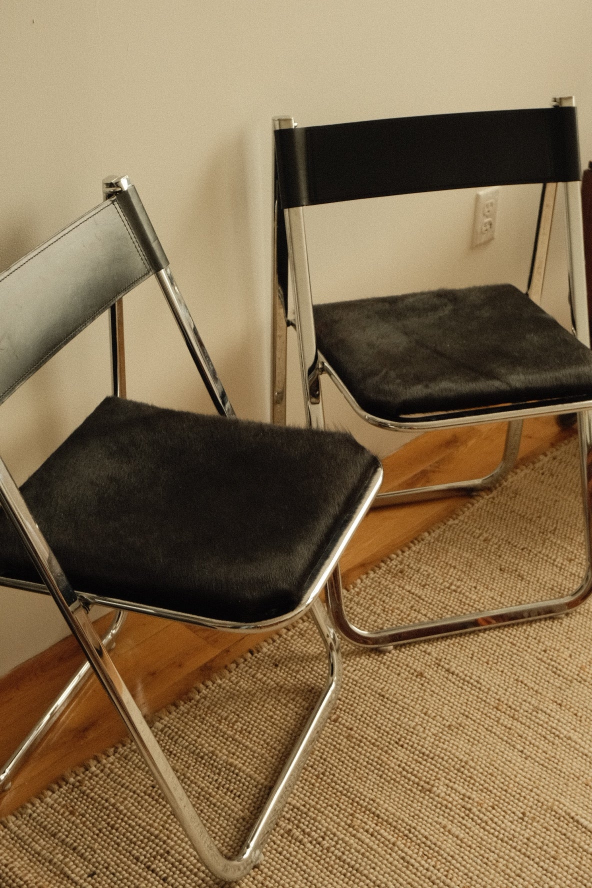 arrben italian folding chairs in custom black calf hair, pair