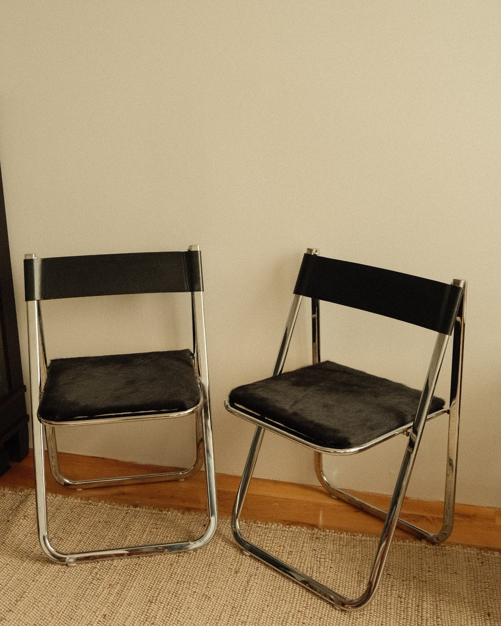 arrben italian folding chairs in custom black calf hair, pair