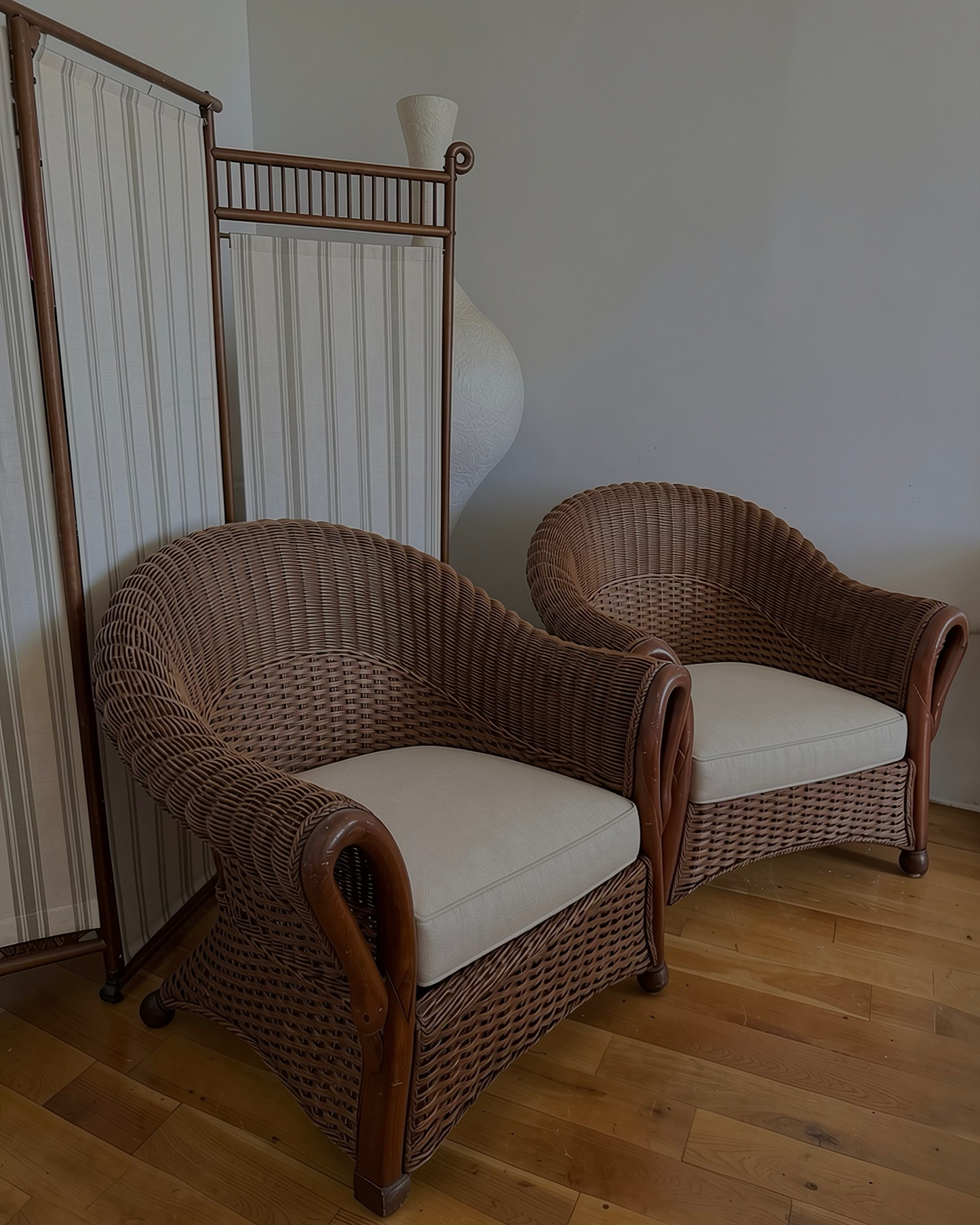 vintage woven rattan swan neck lounge chairs