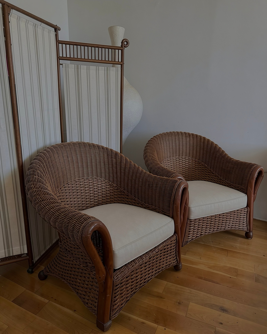 vintage woven rattan swan neck lounge chairs