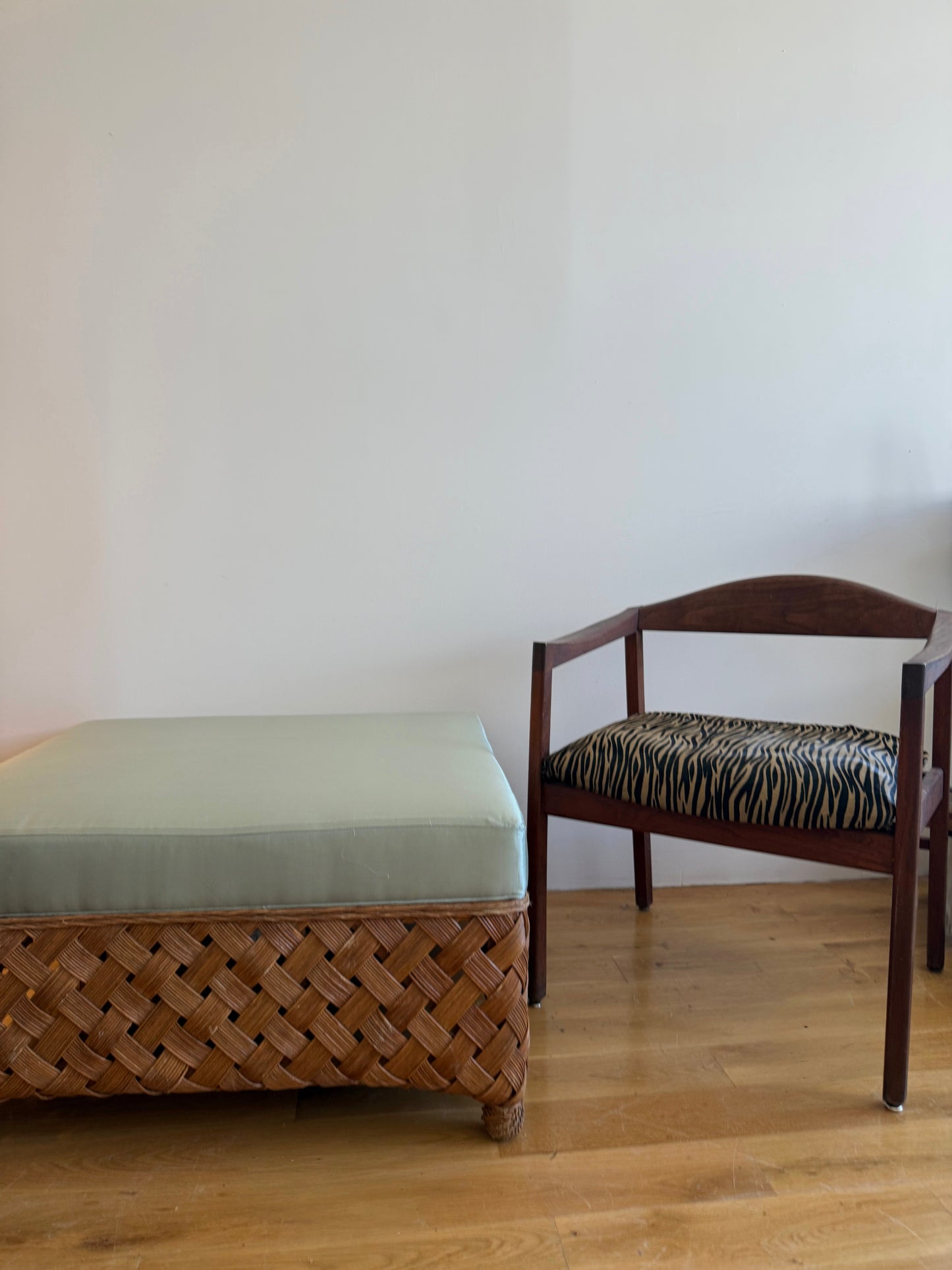 palecek oversized woven rattan ottoman in custom blue silk