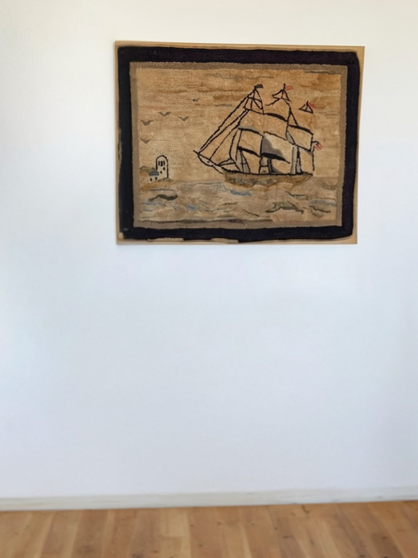 large vintage wool textile art with sailing ship