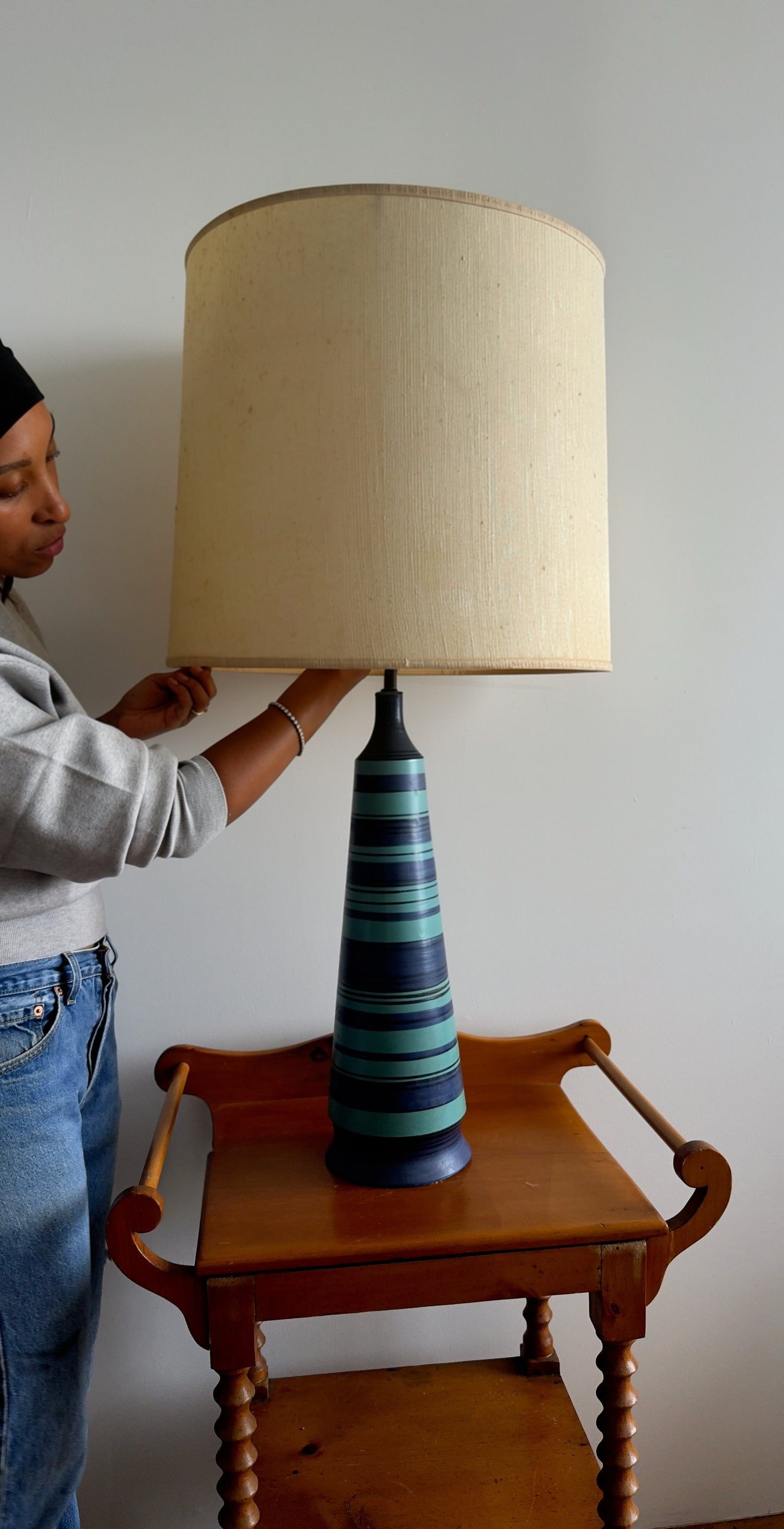 vintage raymor italian striped ceramic table lamp