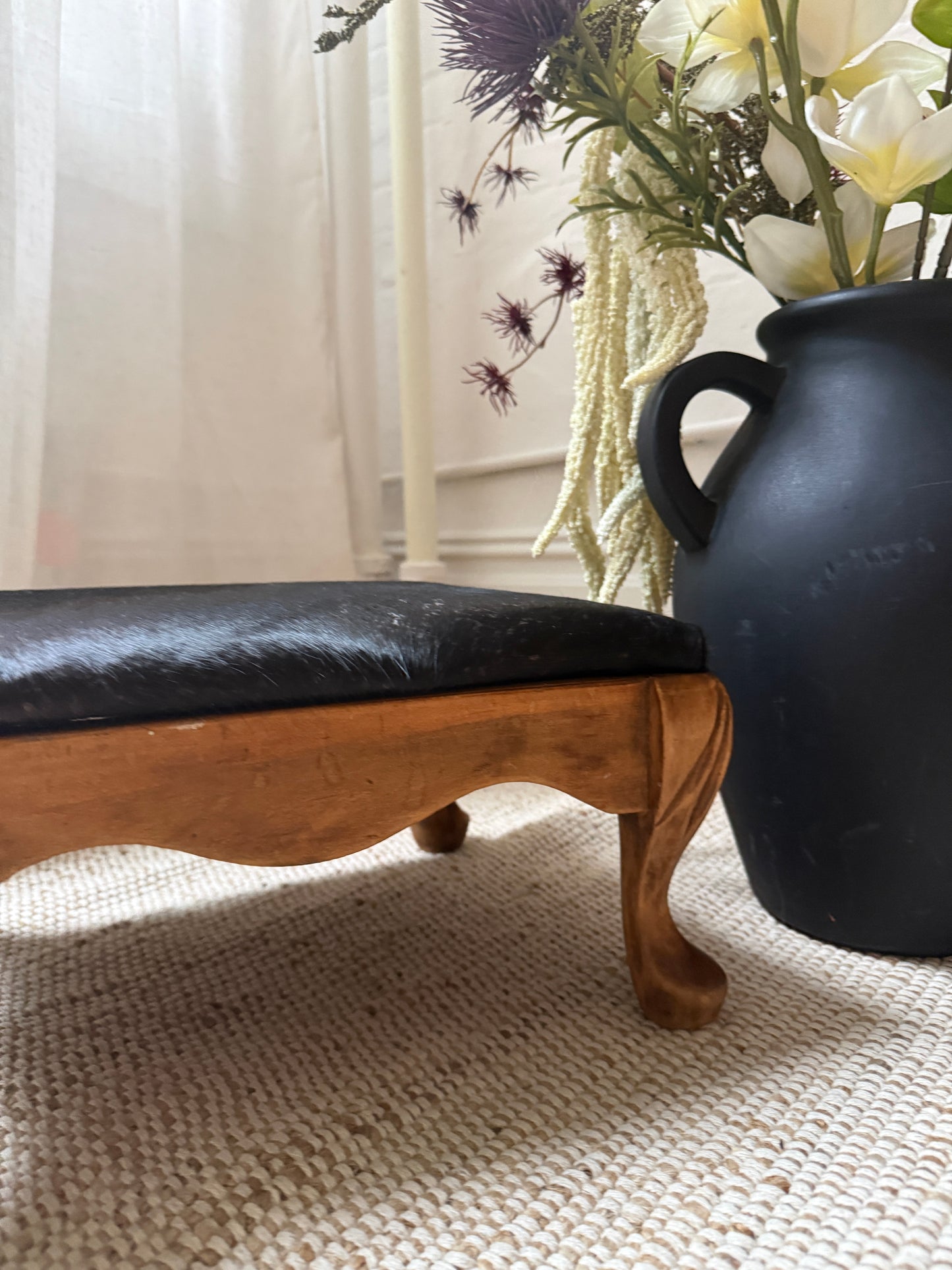 vintage carved wood footstool with custom calf hair cushion