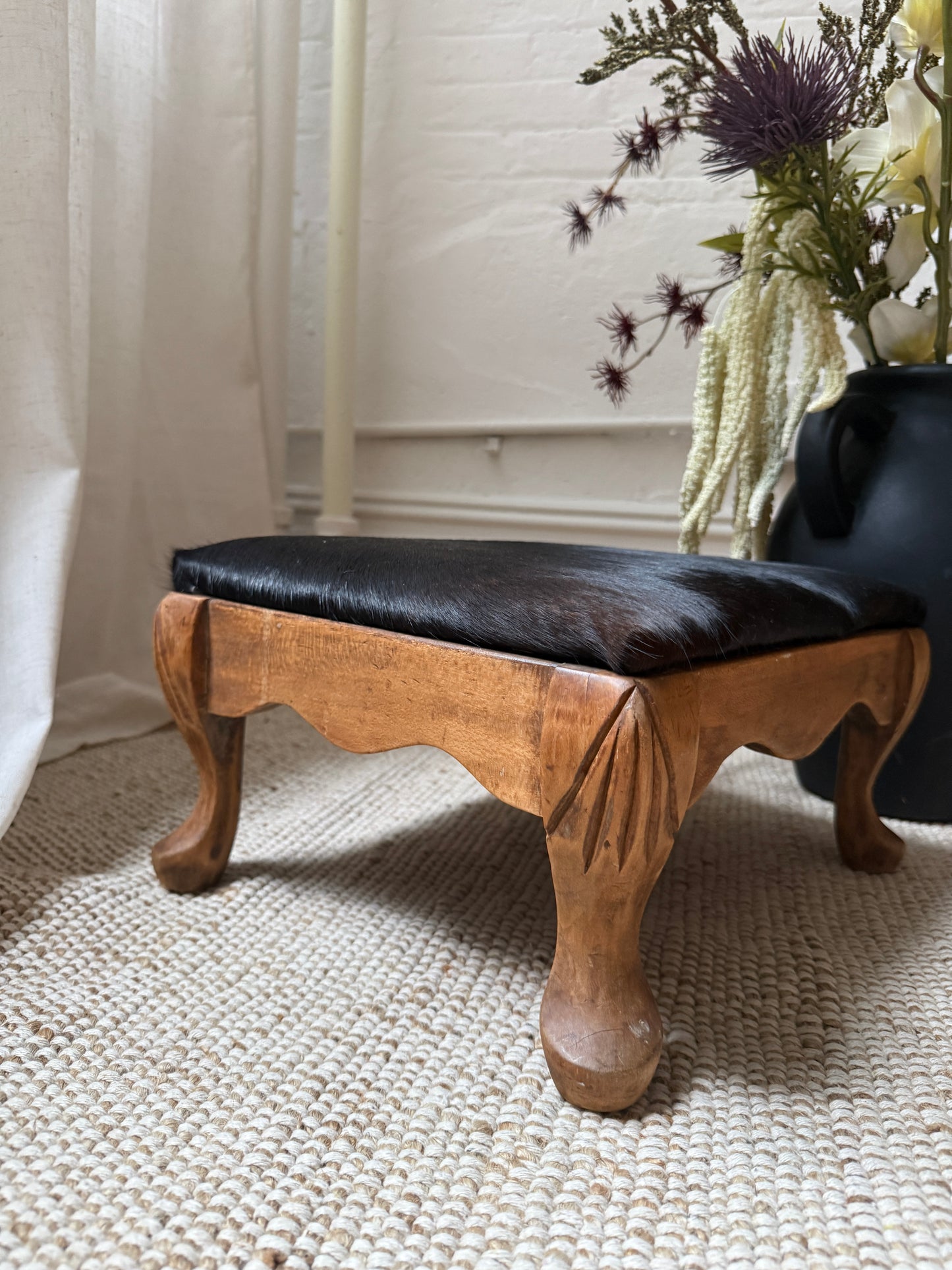 vintage carved wood footstool with custom calf hair cushion