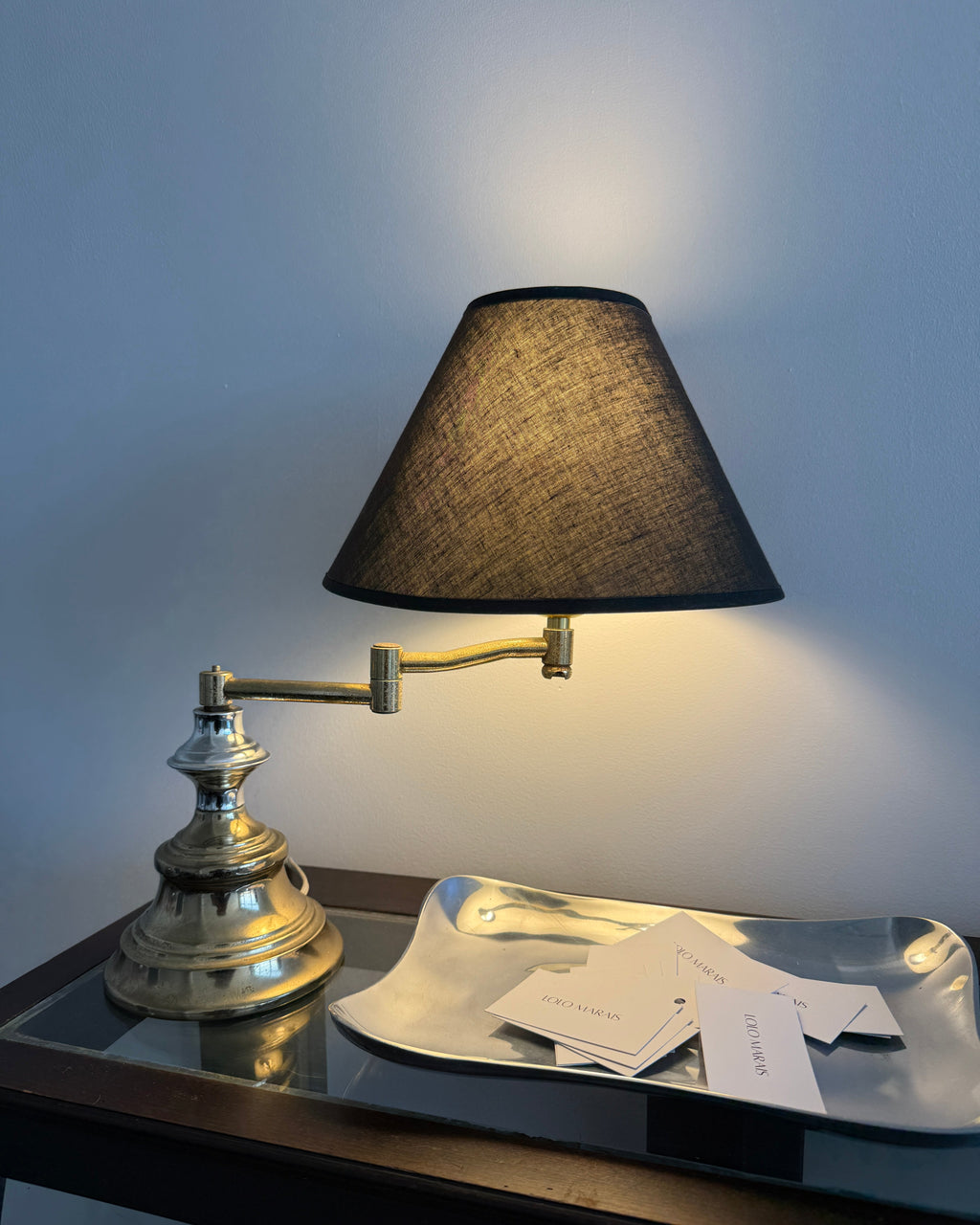 adjustable brass + chrome swing arm table lamp