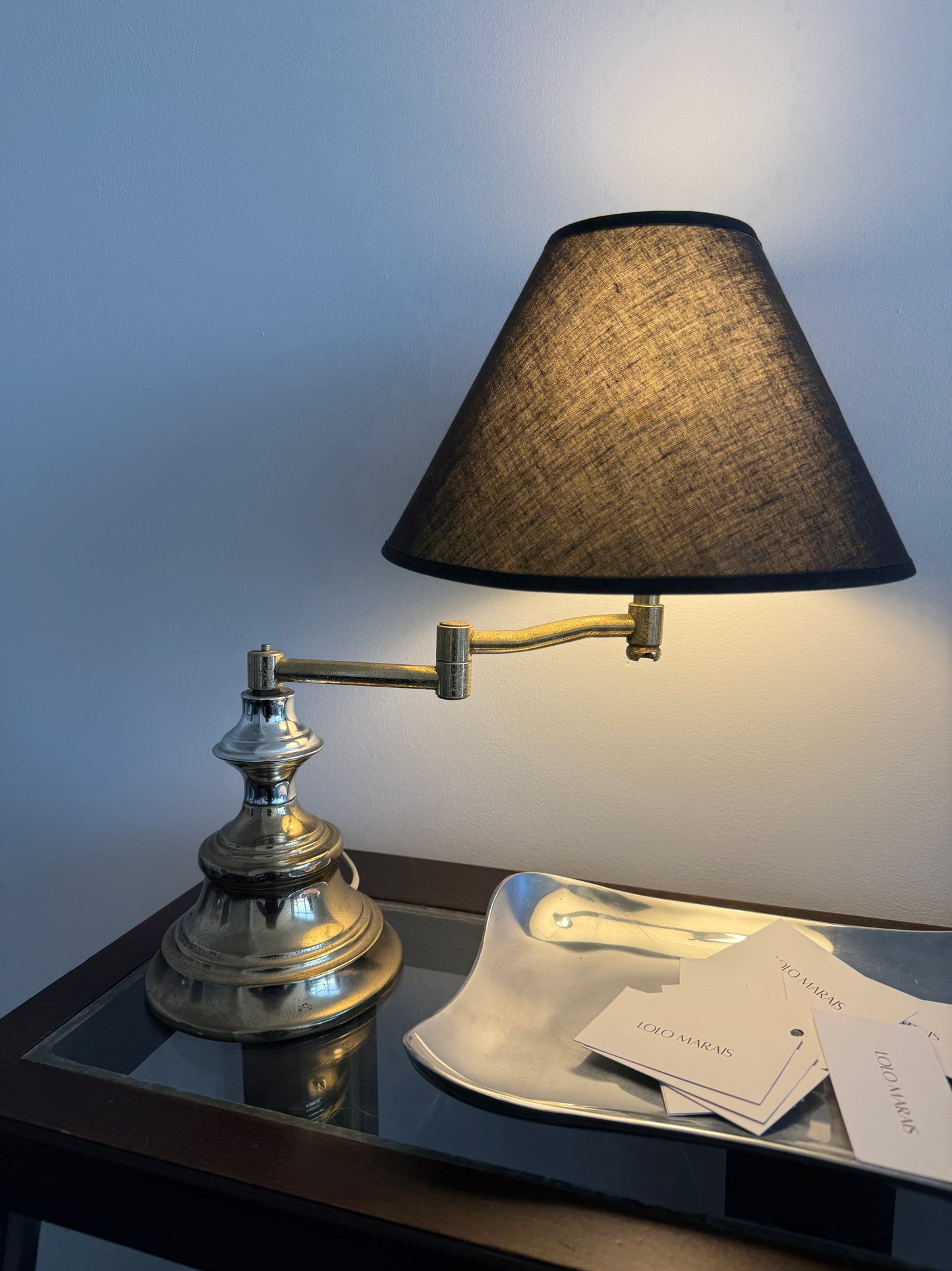 adjustable brass + chrome swing arm table lamp