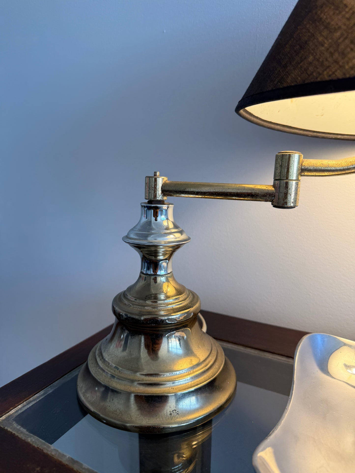 adjustable brass + chrome swing arm table lamp