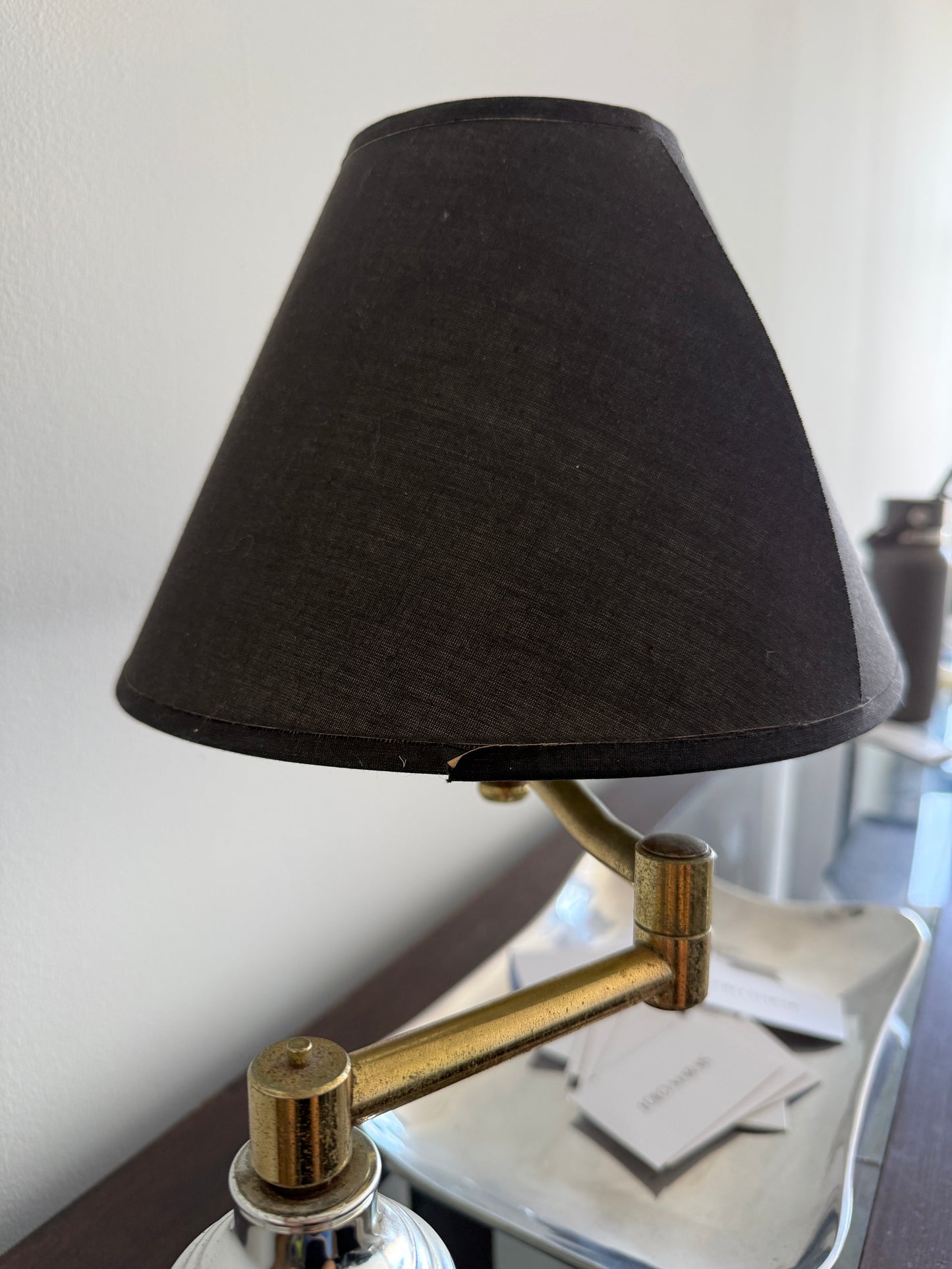 adjustable brass + chrome swing arm table lamp