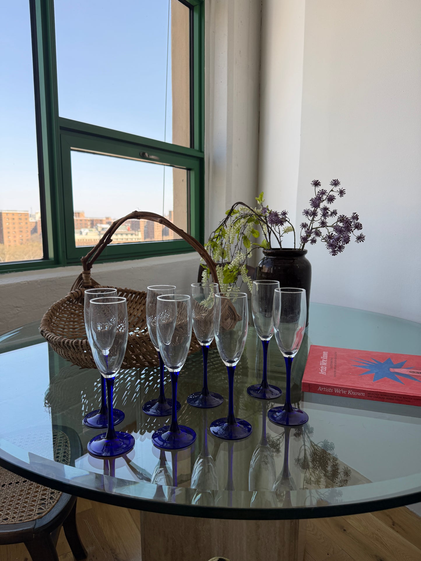 vintage french cobalt stem champagne flutes, set of 4