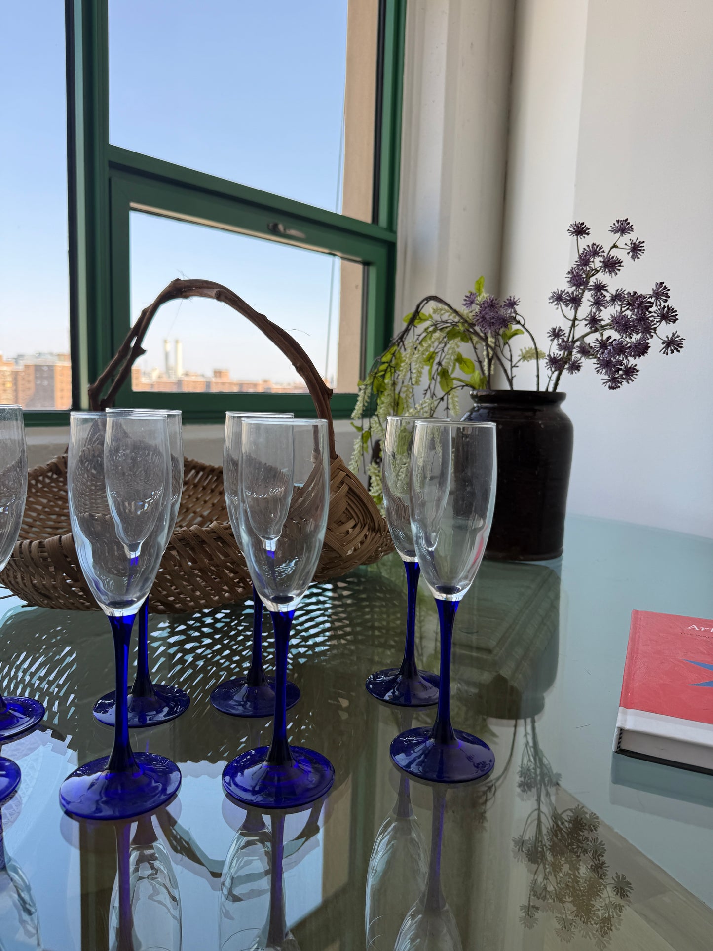 vintage french cobalt stem champagne flutes, set of 4