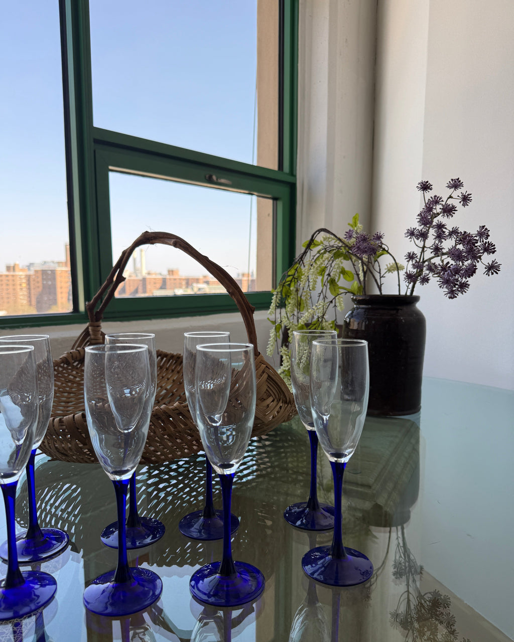 vintage french cobalt stem champagne flutes, set of 4