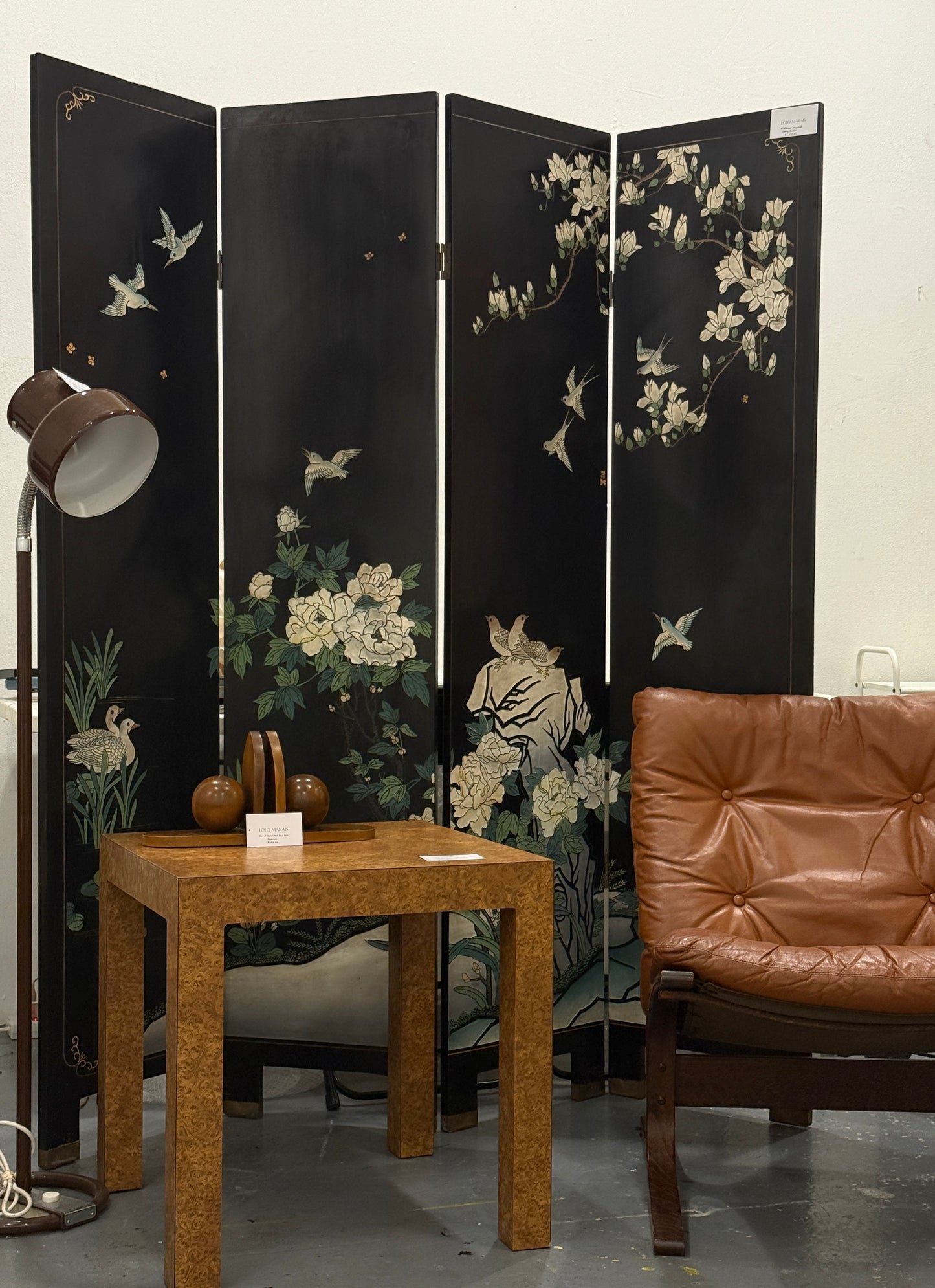 vintage asian mcm hand-painted folding screen