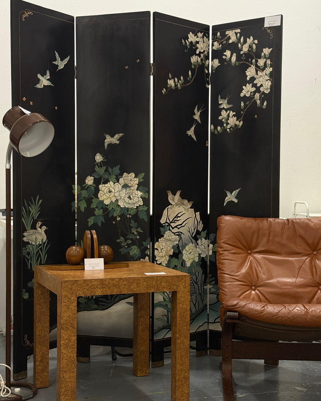 vintage asian mcm hand-painted folding screen