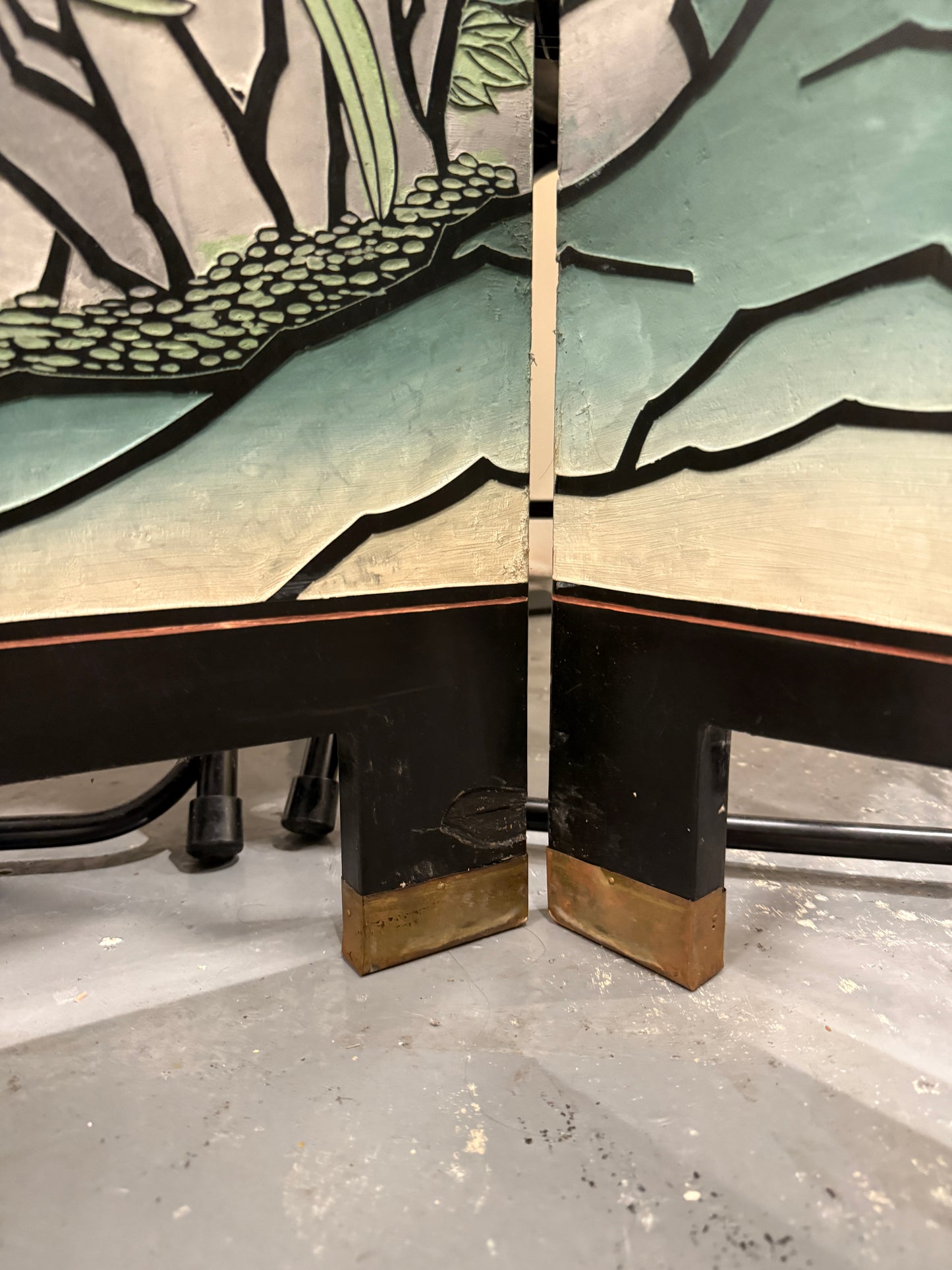 vintage asian mcm hand-painted folding screen