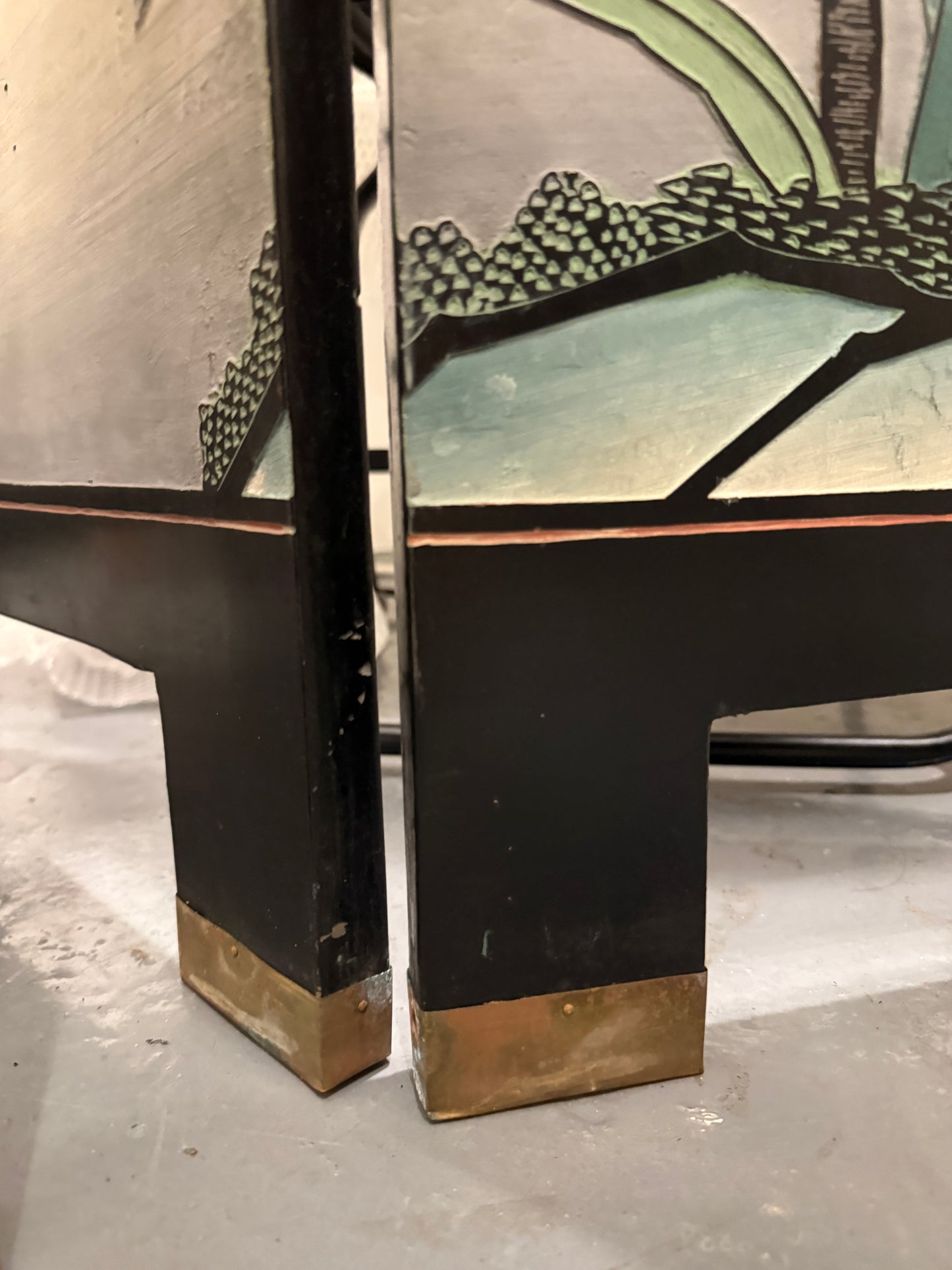 vintage asian mcm hand-painted folding screen