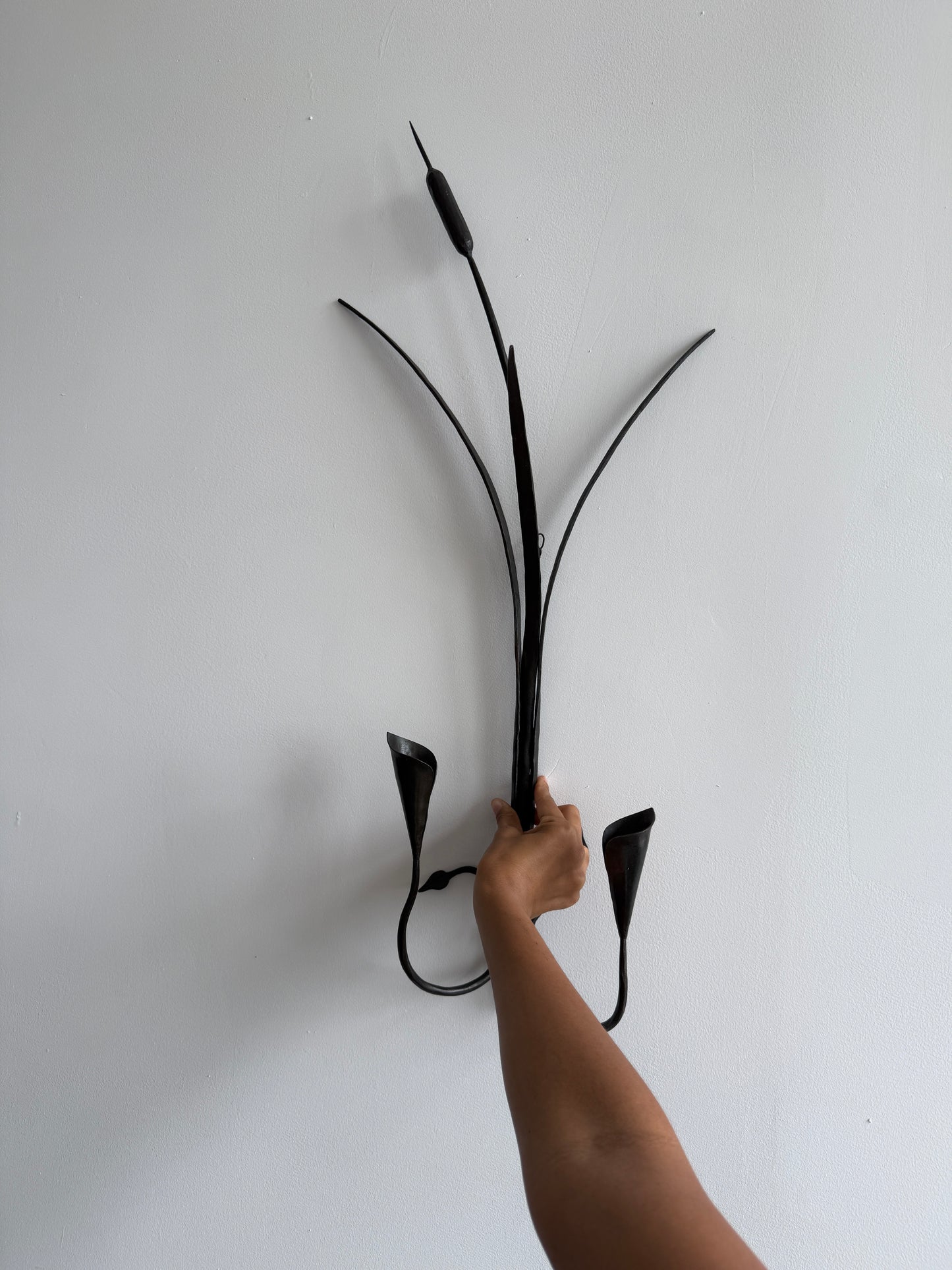 vintage black metal cattail wall sconces - pair