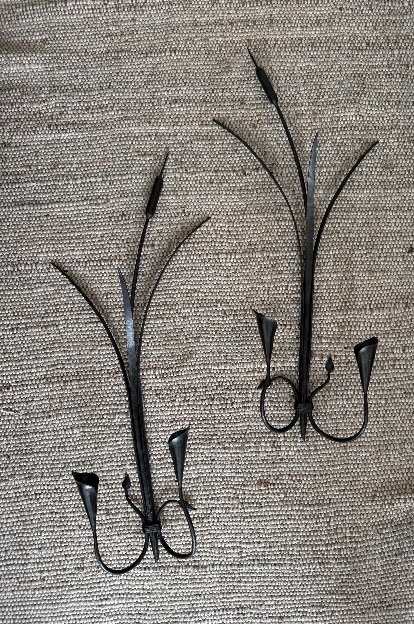 vintage black metal cattail wall sconces - pair