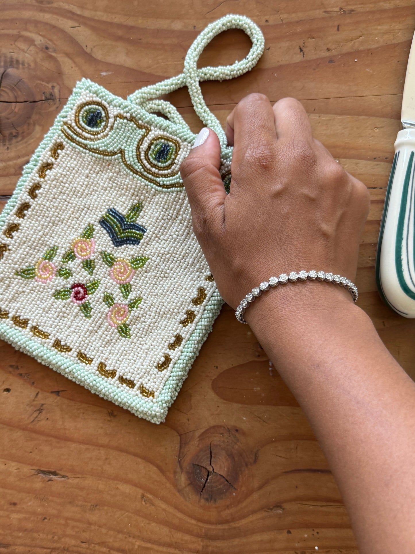 vintage celadon beaded mini bag