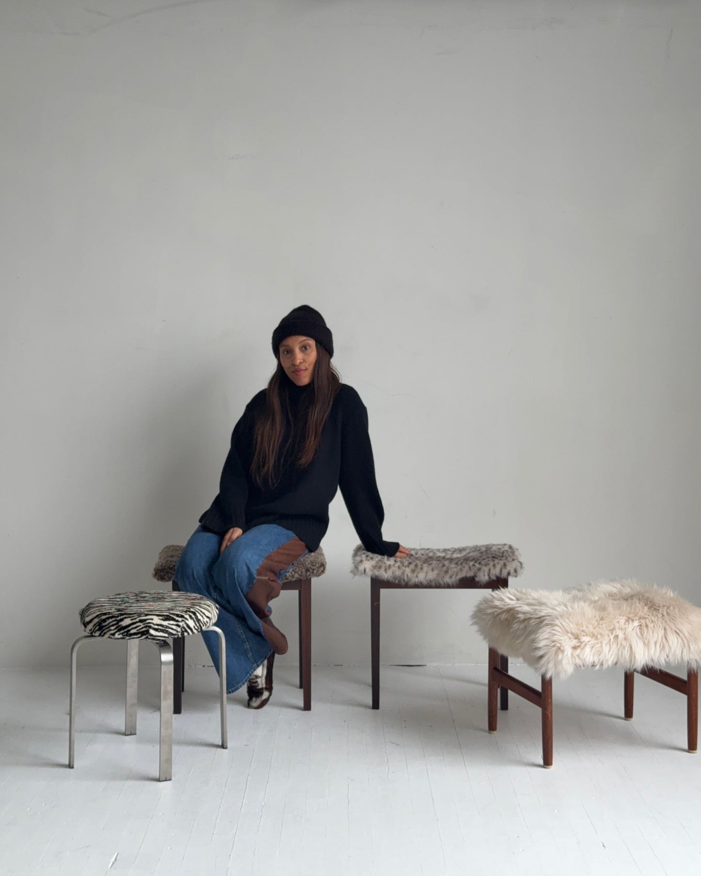 sculptural chrome pedestal stool in zebra calf hair